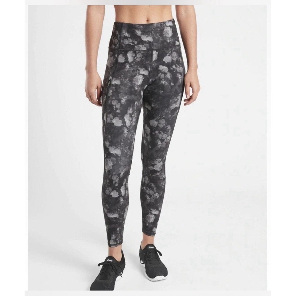 Athleta Rainier Printed High-Rise Leggings with gray and black tie-dye pattern
